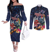 Australia and New Zealand Couples Matching Off The Shoulder Long Sleeve Dress and Long Sleeve Button Shirt Merry Christmas-Tuatara and Koala with Plants Xmas Style
