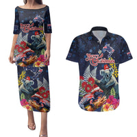 Australia and New Zealand Couples Matching Puletasi and Hawaiian Shirt Merry Christmas-Tuatara and Koala with Plants Xmas Style