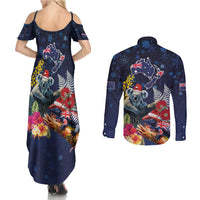 Australia and New Zealand Couples Matching Summer Maxi Dress and Long Sleeve Button Shirt Merry Christmas-Tuatara and Koala with Plants Xmas Style