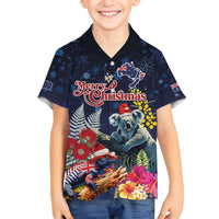 Australia and New Zealand Family Matching Off Shoulder Short Dress and Hawaiian Shirt Merry Christmas-Tuatara and Koala with Plants Xmas Style