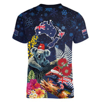 Australia and New Zealand Women V-Neck T-Shirt Merry Christmas-Tuatara and Koala with Plants Xmas Style