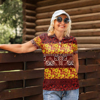 Samoa Siapo and Tapa Women Polo Shirt Pacific Tribal Pattern with Hibiscus Striped Style