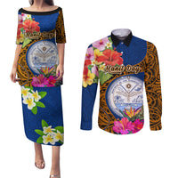 Personalised Marshall Islands Manit Day Couples Matching Puletasi Dress and Long Sleeve Button Shirts Marshall Seal Mix Hibiscus Flower Maori Pattern Style LT03 Blue - Polynesian Pride