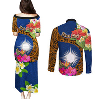 Personalised Marshall Islands Manit Day Couples Matching Puletasi Dress and Long Sleeve Button Shirts Marshall Seal Mix Hibiscus Flower Maori Pattern Style LT03 - Polynesian Pride