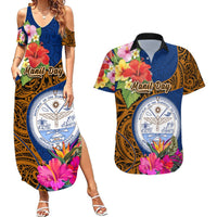 Personalised Marshall Islands Manit Day Couples Matching Summer Maxi Dress and Hawaiian Shirt Marshall Seal Mix Hibiscus Flower Maori Pattern Style LT03 Blue - Polynesian Pride