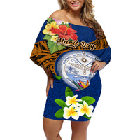 Personalised Marshall Islands Manit Day Off Shoulder Short Dress Marshall Seal Mix Hibiscus Flower Maori Pattern Style LT03 Women Blue - Polynesian Pride