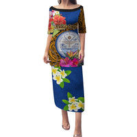 Personalised Marshall Islands Manit Day Puletasi Marshall Seal Mix Hibiscus Flower Maori Pattern Style LT03 Long Dress Blue - Polynesian Pride