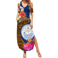 Personalised Marshall Islands Manit Day Summer Maxi Dress Marshall Seal Mix Hibiscus Flower Maori Pattern Style LT03 Women Blue - Polynesian Pride
