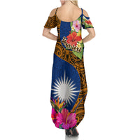 Personalised Marshall Islands Manit Day Summer Maxi Dress Marshall Seal Mix Hibiscus Flower Maori Pattern Style LT03 - Polynesian Pride