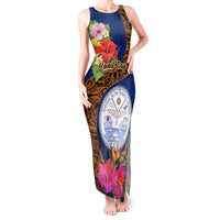 Personalised Marshall Islands Manit Day Tank Maxi Dress Marshall Seal Mix Hibiscus Flower Maori Pattern Style LT03 Women Blue - Polynesian Pride