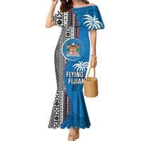 Fiji Rugby Mermaid Dress Coat of Arms Palm Tree Mix Polynesia Tapa Pattern LT03 Women Blue - Polynesian Pride