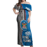 Fiji Rugby Off Shoulder Maxi Dress Coat of Arms Palm Tree Mix Polynesia Tapa Pattern LT03 Women Blue - Polynesian Pride
