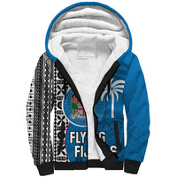 Fiji Rugby Sherpa Hoodie Coat of Arms Palm Tree Mix Polynesia Tapa Pattern LT03 Unisex Blue - Polynesian Pride