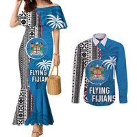 Custom Fiji Rugby Couples Matching Mermaid Dress and Long Sleeve Button Shirts Coat of Arms Palm Tree Mix Polynesia Tapa Pattern LT03 Blue - Polynesian Pride