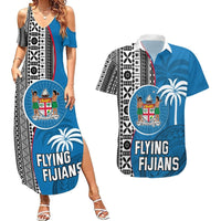 Custom Fiji Rugby Couples Matching Summer Maxi Dress and Hawaiian Shirt Coat of Arms Palm Tree Mix Polynesia Tapa Pattern LT03 Blue - Polynesian Pride