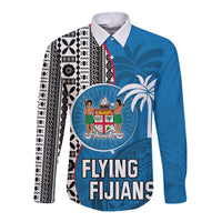 Custom Fiji Rugby Long Sleeve Button Shirt Coat of Arms Palm Tree Mix Polynesia Tapa Pattern LT03 Unisex Blue - Polynesian Pride