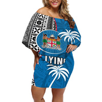 Custom Fiji Rugby Off Shoulder Short Dress Coat of Arms Palm Tree Mix Polynesia Tapa Pattern LT03 Women Blue - Polynesian Pride