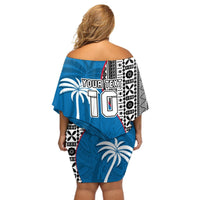 Custom Fiji Rugby Off Shoulder Short Dress Coat of Arms Palm Tree Mix Polynesia Tapa Pattern LT03 - Polynesian Pride