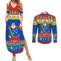 Solomon Islands Christmas Couples Matching Summer Maxi Dress and Long Sleeve Button Shirt Santa With Flag Of Solomon Polynesian Tribal Xmas Vibe LT03 Blue - Polynesian Pride