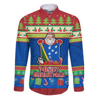 Solomon Islands Christmas Family Matching Puletasi Dress and Hawaiian Shirt Santa With Flag Of Solomon Polynesian Tribal Xmas Vibe LT03 Dad's Shirt - Long Sleeve Blue - Polynesian Pride