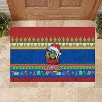 Solomon Islands Christmas Rubber Doormat Santa With Flag Of Solomon Polynesian Tribal Xmas Vibe LT03 - Polynesian Pride