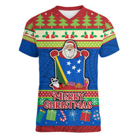 Solomon Islands Christmas Women V Neck T Shirt Santa With Flag Of Solomon Polynesian Tribal Xmas Vibe LT03 Female Blue - Polynesian Pride
