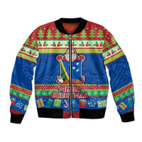Personalised Solomon Islands Christmas Bomber Jacket Santa With Flag Of Solomon Polynesian Tribal Xmas Vibe LT03 Unisex Blue - Polynesian Pride