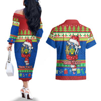 Personalised Solomon Islands Christmas Couples Matching Off The Shoulder Long Sleeve Dress and Hawaiian Shirt Santa With Flag Of Solomon Polynesian Tribal Xmas Vibe LT03 - Polynesian Pride