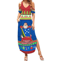 Personalised Solomon Islands Christmas Family Matching Summer Maxi Dress and Hawaiian Shirt Santa With Flag Of Solomon Polynesian Tribal Xmas Vibe LT03 Mom's Dress Blue - Polynesian Pride