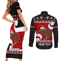 Personalized New Zealand Christmas Couples Matching Short Sleeve Bodycon Dress and Long Sleeve Button Shirt Santa Haka Fern and Kiwi Bird Tino Rangatiratanga Maori Flag Style LT03 - Polynesian Pride
