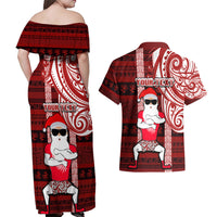 Personalized New Zealand Christmas Couples Matching Off Shoulder Maxi Dress and Hawaiian Shirt Santa Claus and Kiwi Bird Maori Tattoo Koru Pattern LT03 - Polynesian Pride