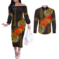 Hawaii Turtle Hibiscus Flower Couples Matching Off The Shoulder Long Sleeve Dress and Long Sleeve Button Shirt Polynesian Tattoo LT03 Black - Polynesian Pride