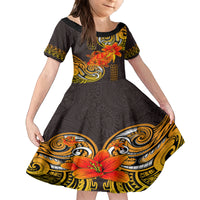 Hawaii Turtle Hibiscus Flower Family Matching Long Sleeve Bodycon Dress and Hawaiian Shirt Polynesian Tattoo LT03 Daughter's Dress Black - Polynesian Pride