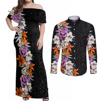 Hawaii Tropical Leaves and Flowers Couples Matching Off Shoulder Maxi Dress and Long Sleeve Button Shirt Tribal Polynesian Pattern LT03 Black - Polynesian Pride