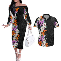 Hawaii Tropical Leaves and Flowers Couples Matching Off The Shoulder Long Sleeve Dress and Hawaiian Shirt Tribal Polynesian Pattern LT03 Black - Polynesian Pride