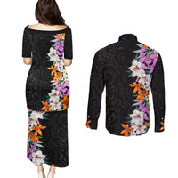 Hawaii Tropical Leaves and Flowers Couples Matching Puletasi and Long Sleeve Button Shirt Tribal Polynesian Pattern LT03 - Polynesian Pride