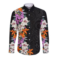 Hawaii Tropical Leaves and Flowers Long Sleeve Button Shirt Tribal Polynesian Pattern LT03 Unisex Black - Polynesian Pride