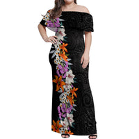 Hawaii Tropical Leaves and Flowers Off Shoulder Maxi Dress Tribal Polynesian Pattern LT03 Women Black - Polynesian Pride
