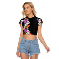 Hawaii Tropical Leaves and Flowers Raglan Cropped T Shirt Tribal Polynesian Pattern LT03 Female Black - Polynesian Pride