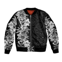 Hawaii Tropical Leaves and Flowers Bomber Jacket Tribal Polynesian Pattern Black White Style LT03 Unisex Black - Polynesian Pride