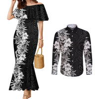 Hawaii Tropical Leaves and Flowers Couples Matching Mermaid Dress and Long Sleeve Button Shirt Tribal Polynesian Pattern Black White Style LT03 Black - Polynesian Pride