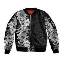 Hawaii Tropical Leaves and Flowers Sleeve Zip Bomber Jacket Tribal Polynesian Pattern Black White Style LT03 Unisex Black - Polynesian Pride