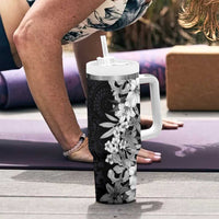 Hawaii Tropical Leaves and Flowers Tumbler With Handle Tribal Polynesian Pattern Black White Style