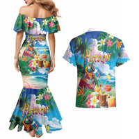 Hawaii Cocktails Couples Matching Mermaid Dress and Hawaiian Shirt Parrot with Cute Beach Landscape and Tropical Plants