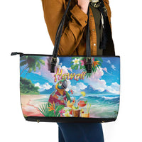 Hawaii Cocktails Leather Tote Bag Parrot with Cute Beach Landscape and Tropical Plants