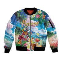 Hawaii Cocktails Sleeve Zip Bomber Jacket Parrot with Cute Beach Landscape and Tropical Plants