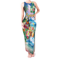 Hawaii Cocktails Tank Maxi Dress Parrot with Cute Beach Landscape and Tropical Plants