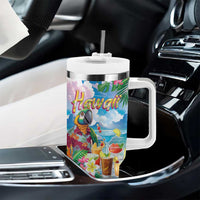 Hawaii Cocktails Tumbler With Handle Parrot with Cute Beach Landscape and Tropical Plants