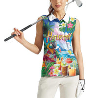Hawaii Cocktails Women Sleeveless Polo Shirt Parrot with Cute Beach Landscape and Tropical Plants