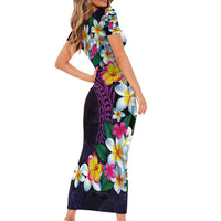 Hawaiian Plumeria-Polynesian Art Tattoo Mauve Color Short Sleeve Bodycon Dress
